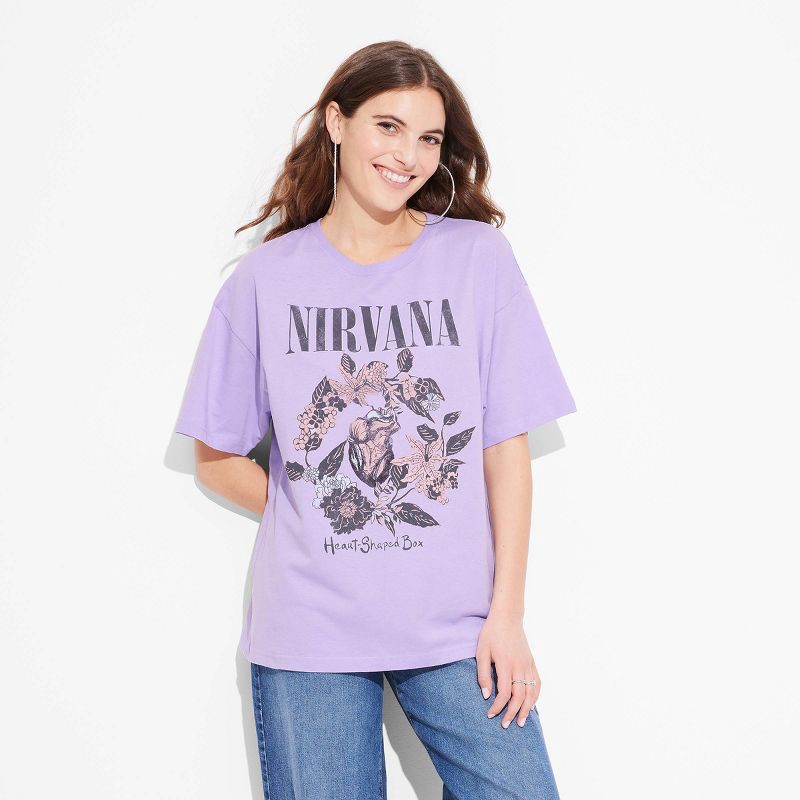 Merch Traffic Women s Nirvana Heart Shaped Box Oversized Short Sleeve Graphic T Shirt Purple L 1 ct Shipt