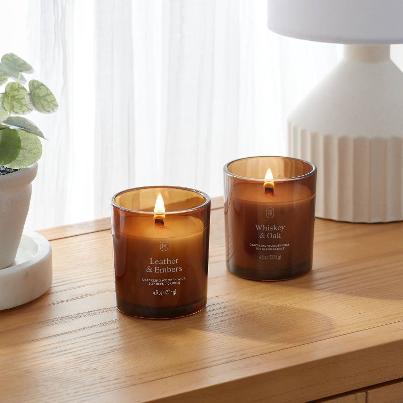 slide 2 of 3, Gift Set of 2 4.5oz Amber Glass Leather and Embers and Whiskey and Oak - Threshold™, 4.5 oz