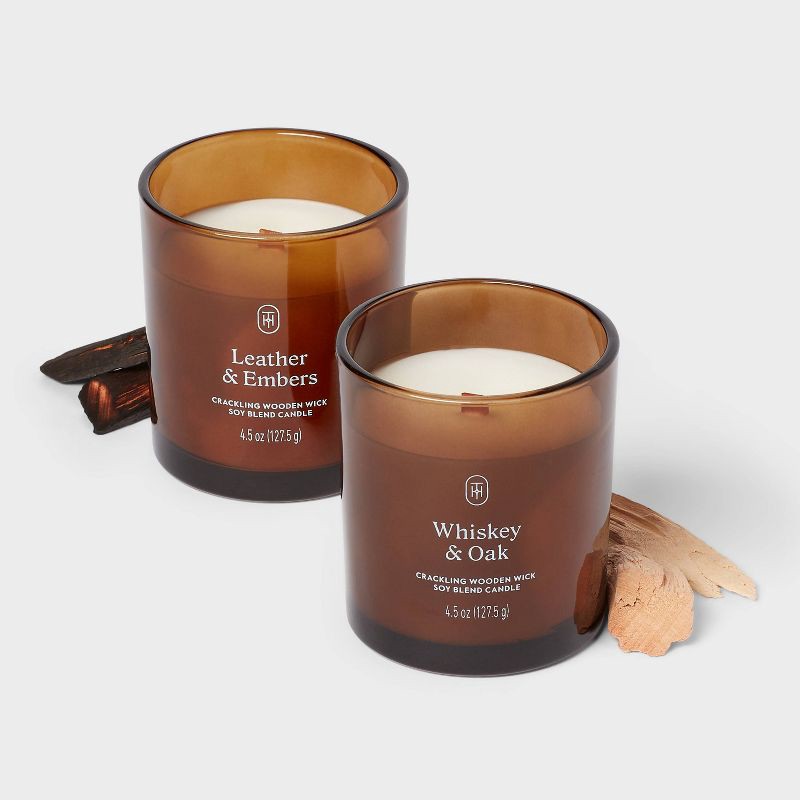 slide 3 of 3, Gift Set of 2 4.5oz Amber Glass Leather and Embers and Whiskey and Oak - Threshold™, 4.5 oz