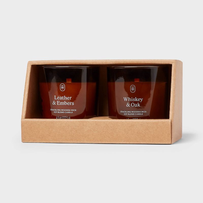 slide 1 of 3, Gift Set of 2 4.5oz Amber Glass Leather and Embers and Whiskey and Oak - Threshold™, 4.5 oz