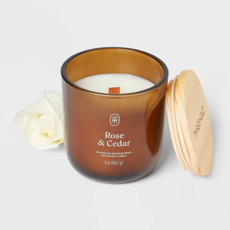 slide 3 of 3, Amber Glass Wooden Wick Rose and Cedar Jar Candle 8oz - Threshold™, 8 oz