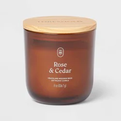 Amber Glass Wooden Wick Rose and Cedar Jar Candle 8oz - Threshold™