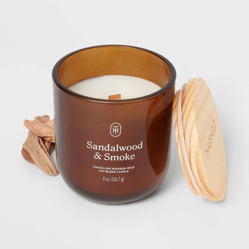 slide 3 of 3, Amber Glass Wooden Wick Sandalwood and Smoke Jar Candle 8oz - Threshold™, 8 oz