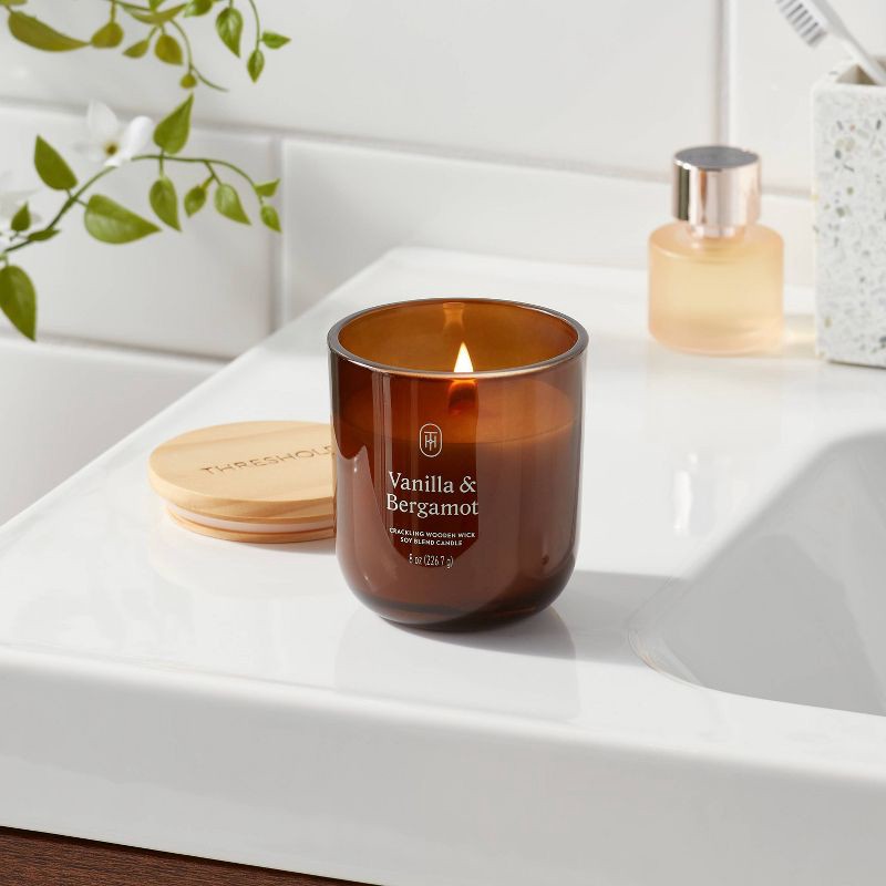 slide 2 of 3, Amber Glass Wooden Wick Vanilla and Bergamot Jar Candle 8oz - Threshold™, 8 oz