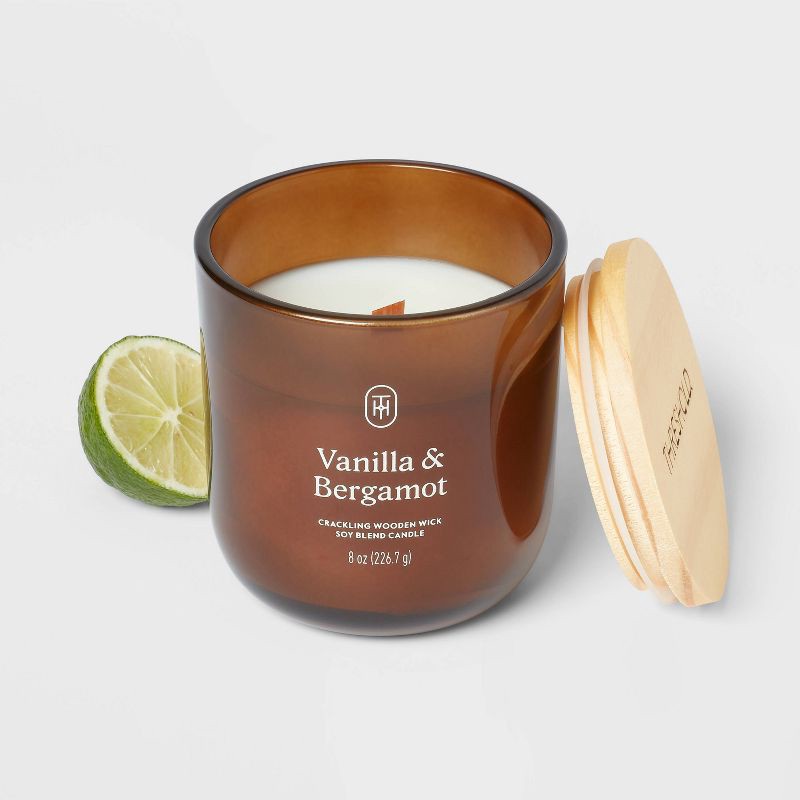 slide 3 of 3, Amber Glass Wooden Wick Vanilla and Bergamot Jar Candle 8oz - Threshold™, 8 oz