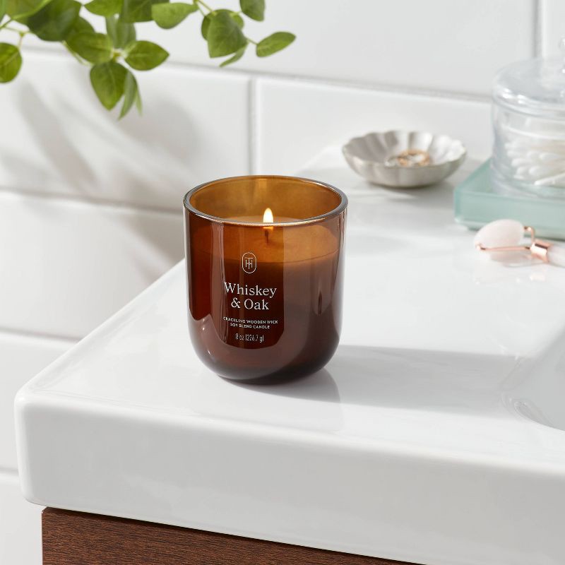 slide 2 of 3, Amber Glass Wooden Wick Whiskey and Oak Jar Candle 8oz - Threshold™, 8 oz