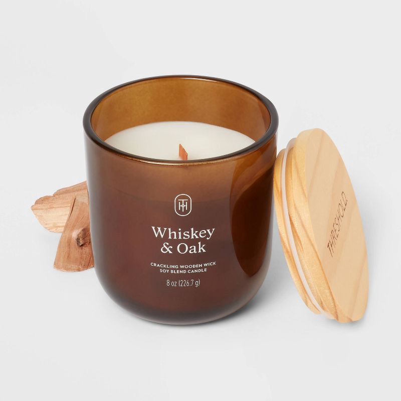 slide 3 of 3, Amber Glass Wooden Wick Whiskey and Oak Jar Candle 8oz - Threshold™, 8 oz
