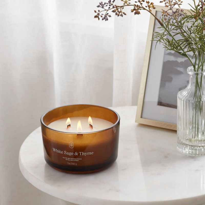 slide 2 of 3, 3-Wick Amber Glass Wooden Wick White Sage and Thyme Jar Candle 13oz - Threshold™, 13 oz