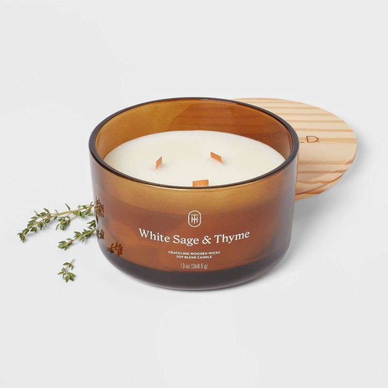 slide 3 of 3, 3-Wick Amber Glass Wooden Wick White Sage and Thyme Jar Candle 13oz - Threshold™, 13 oz