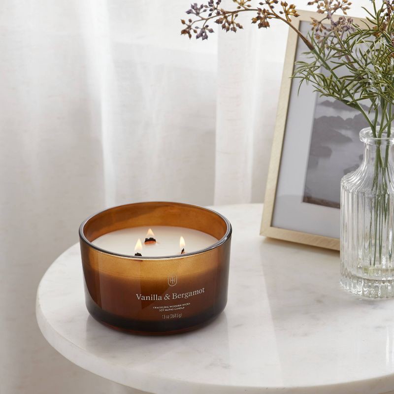 slide 2 of 3, 3-Wick Amber Glass Wooden Wick Vanilla and Bergamot Jar Candle 13oz - Threshold™, 13 oz