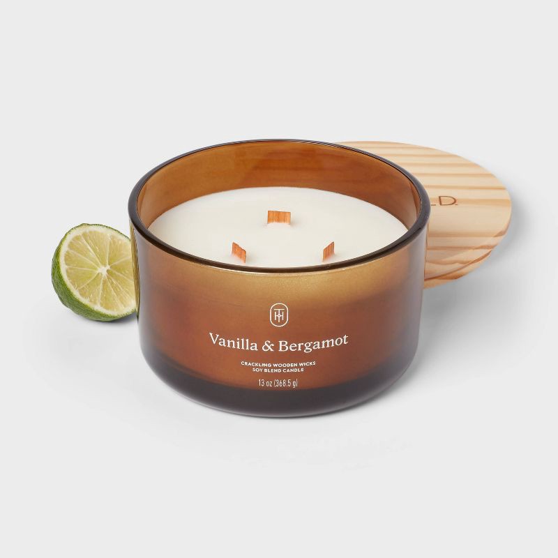 slide 3 of 3, 3-Wick Amber Glass Wooden Wick Vanilla and Bergamot Jar Candle 13oz - Threshold™, 13 oz