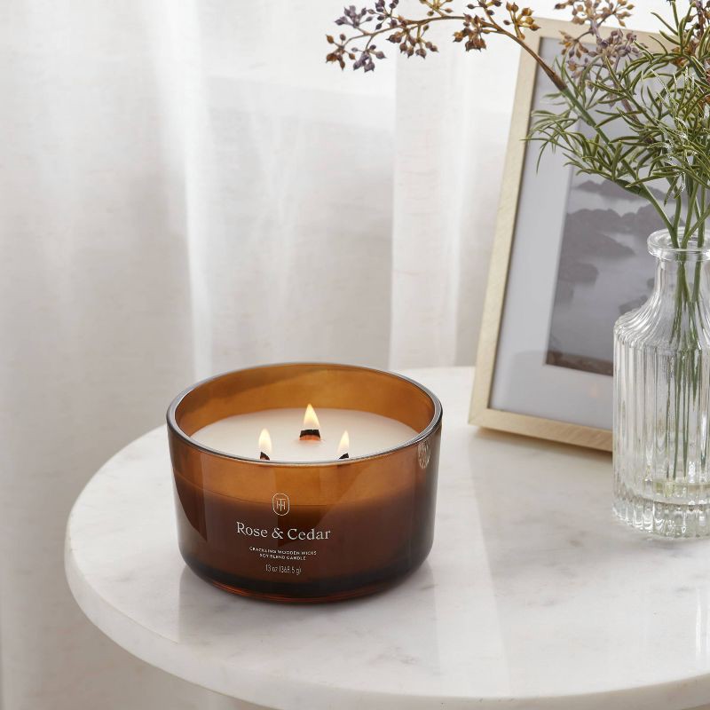 slide 2 of 3, 3-Wick Amber Glass Wooden Wick Rose and Cedar Jar Candle 13oz - Threshold™, 13 oz