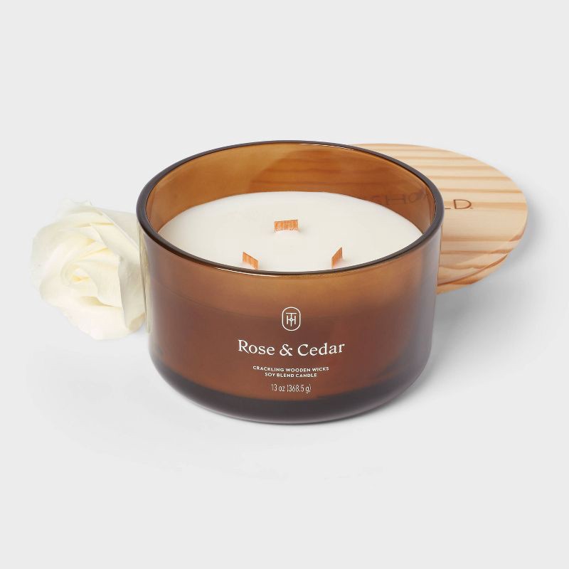 slide 3 of 3, 3-Wick Amber Glass Wooden Wick Rose and Cedar Jar Candle 13oz - Threshold™, 13 oz