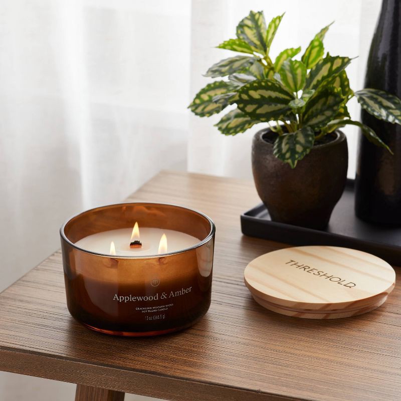 slide 2 of 3, 3-Wick Amber Glass Wooden Wick Applewood and Amber Jar Candle 13oz - Threshold™, 13 oz