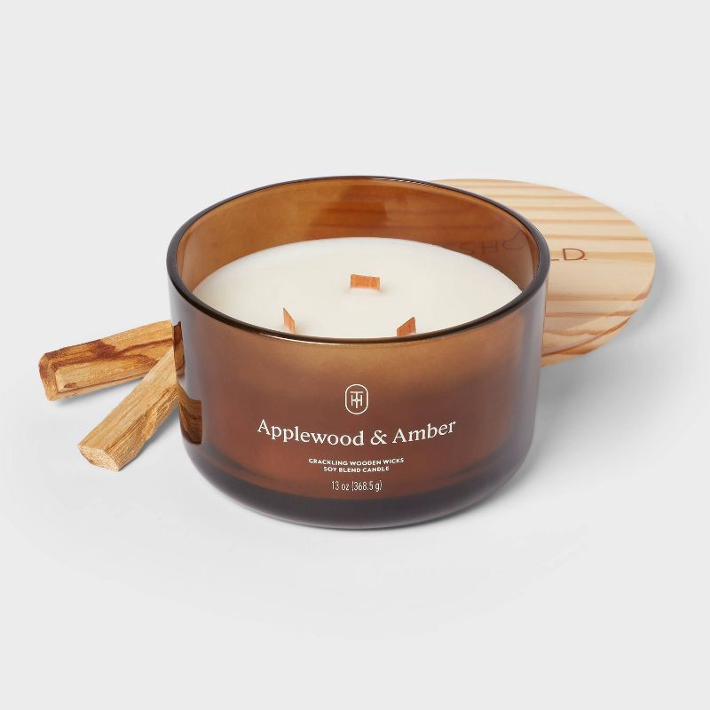 slide 3 of 3, 3-Wick Amber Glass Wooden Wick Applewood and Amber Jar Candle 13oz - Threshold™, 13 oz