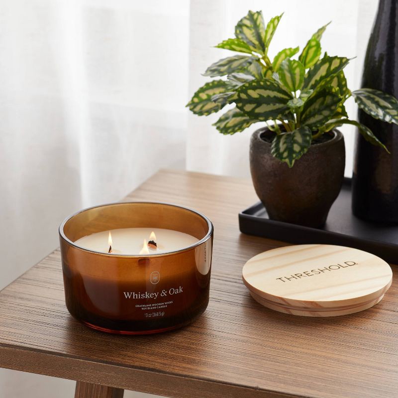 slide 2 of 3, 3-Wick Amber Glass Wooden Wick Whiskey and Oak Jar Candle 13oz - Threshold™, 13 oz