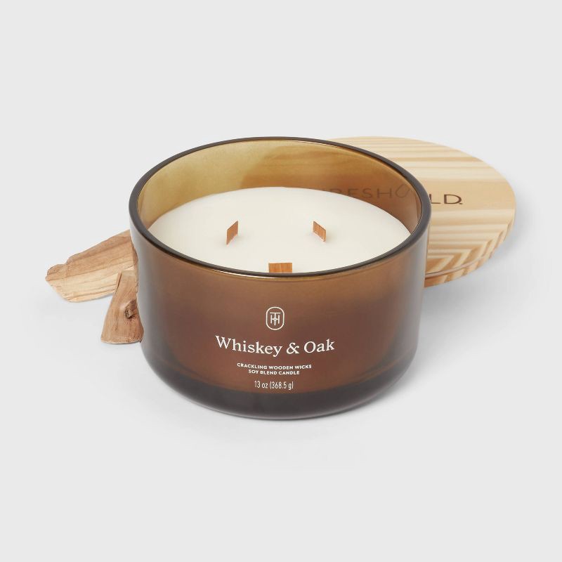slide 3 of 3, 3-Wick Amber Glass Wooden Wick Whiskey and Oak Jar Candle 13oz - Threshold™, 13 oz