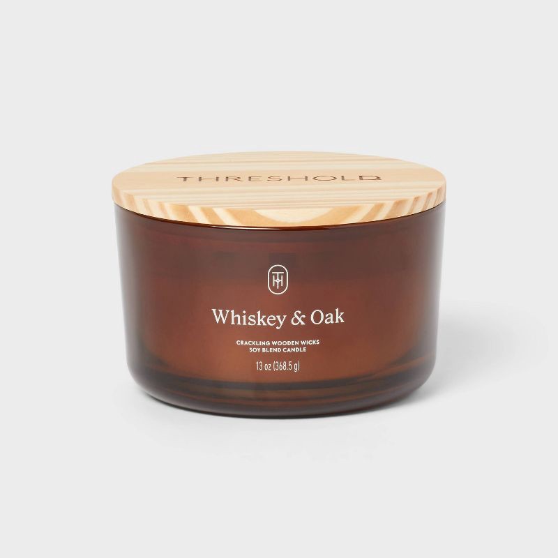 slide 1 of 3, 3-Wick Amber Glass Wooden Wick Whiskey and Oak Jar Candle 13oz - Threshold™, 13 oz