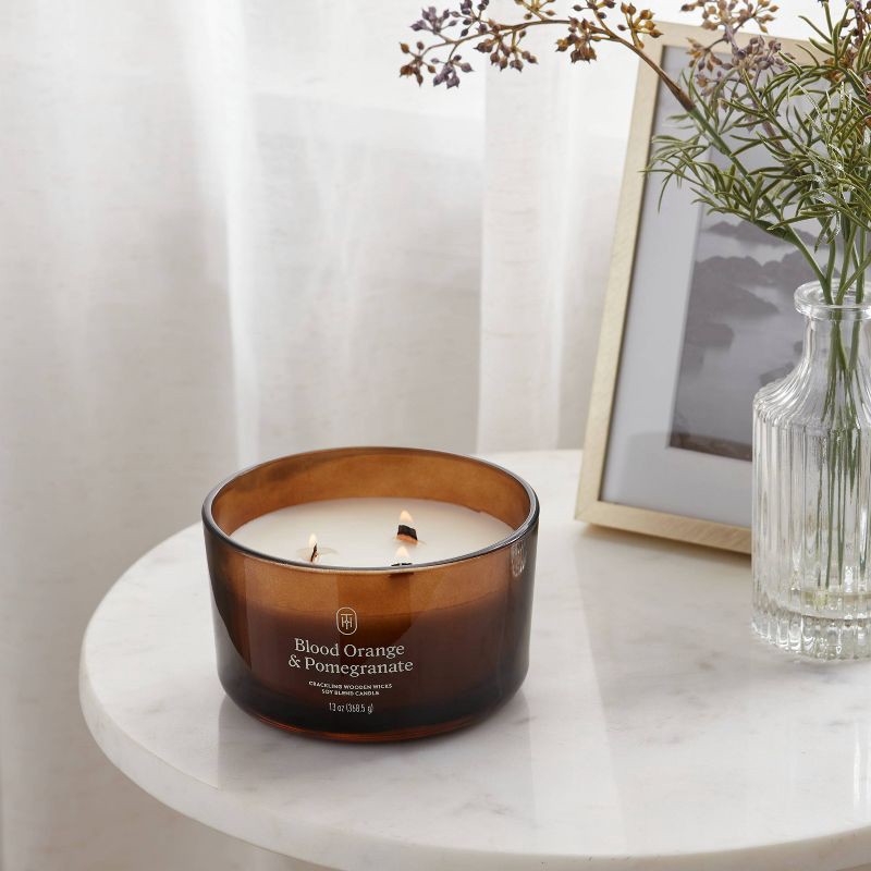 slide 2 of 3, 3-Wick Amber Glass Wooden Wick Blood Orange and Pomegranate Jar Candle 13oz - Threshold™, 13 oz
