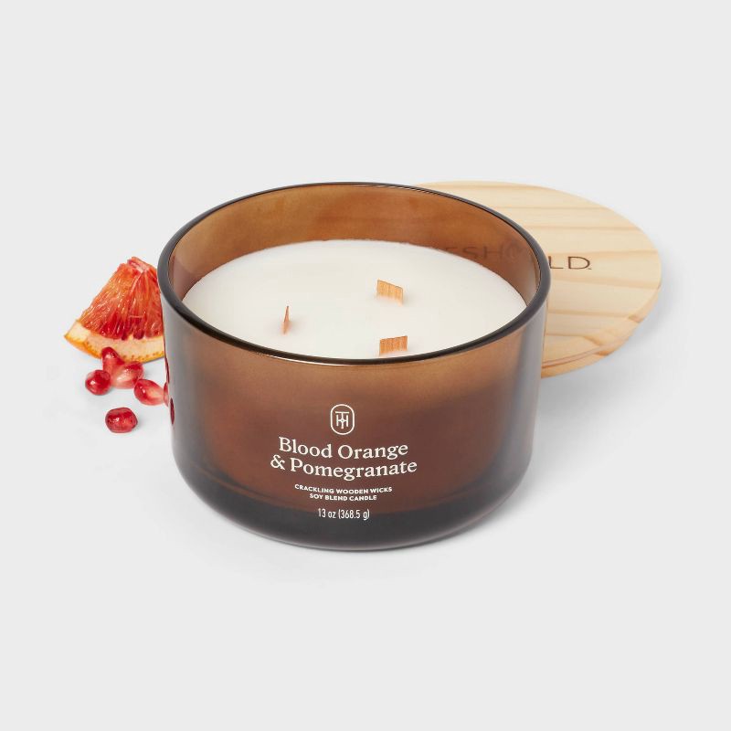 slide 3 of 3, 3-Wick Amber Glass Wooden Wick Blood Orange and Pomegranate Jar Candle 13oz - Threshold™, 13 oz