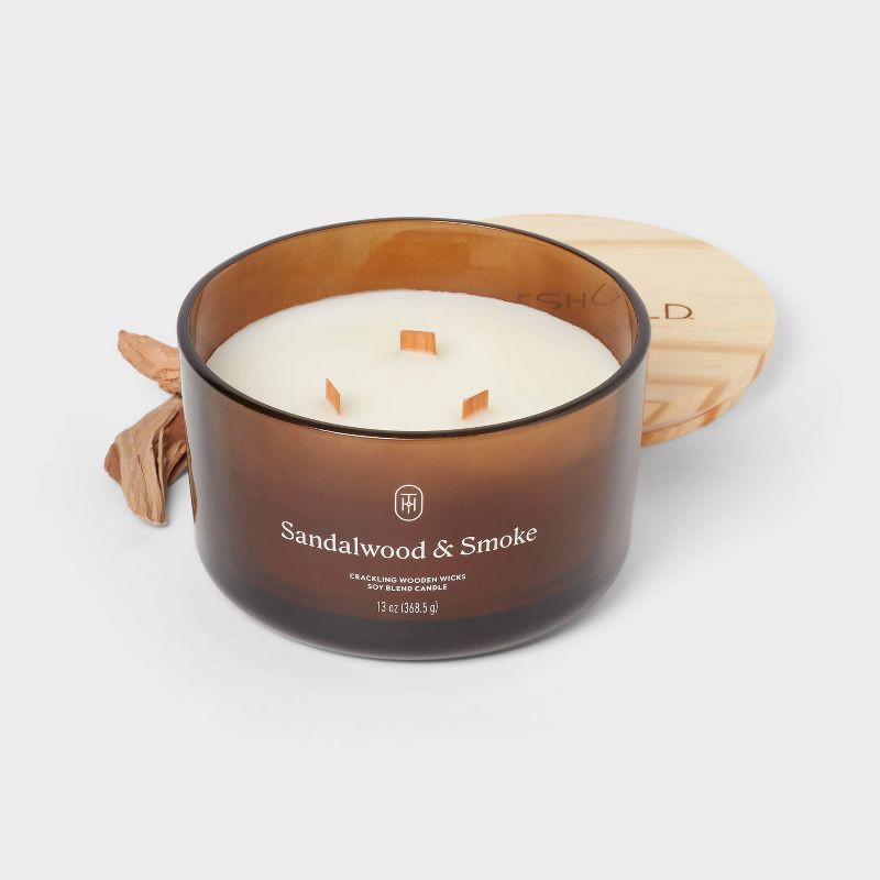 slide 3 of 3, 3-Wick Amber Glass Wooden Wick Sandalwood and Smoke Jar Candle 13oz - Threshold™, 13 oz