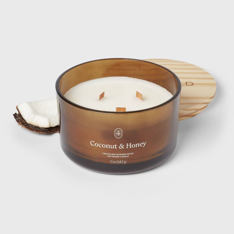 slide 3 of 3, 3-Wick Amber Glass Wooden Wick Coconut and Honey Jar Candle 13oz - Threshold™, 13 oz