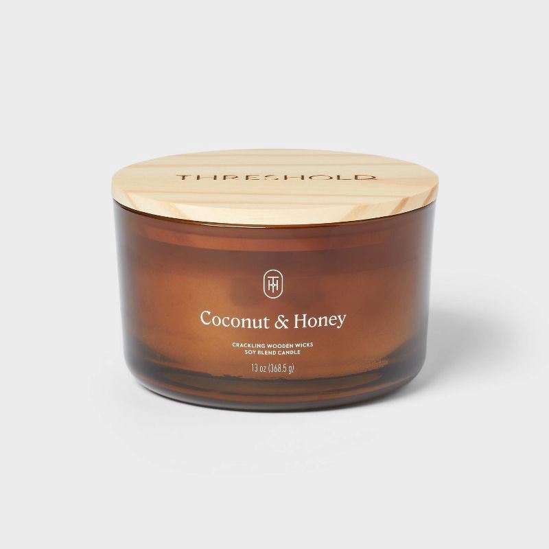 slide 1 of 3, 3-Wick Amber Glass Wooden Wick Coconut and Honey Jar Candle 13oz - Threshold™, 13 oz