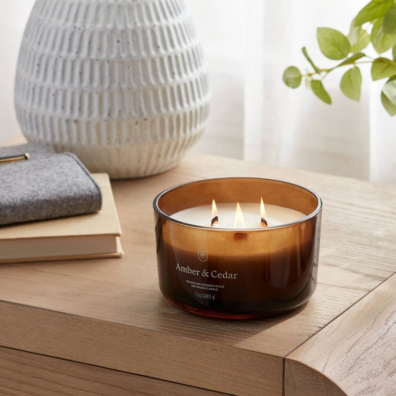 slide 2 of 3, Amber Glass Wooden Wick Amber and Cedar Jar Candle 13oz - Threshold™, 13 oz