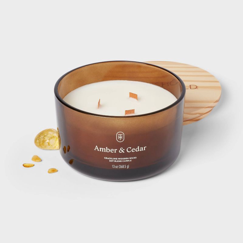 slide 3 of 3, Amber Glass Wooden Wick Amber and Cedar Jar Candle 13oz - Threshold™, 13 oz
