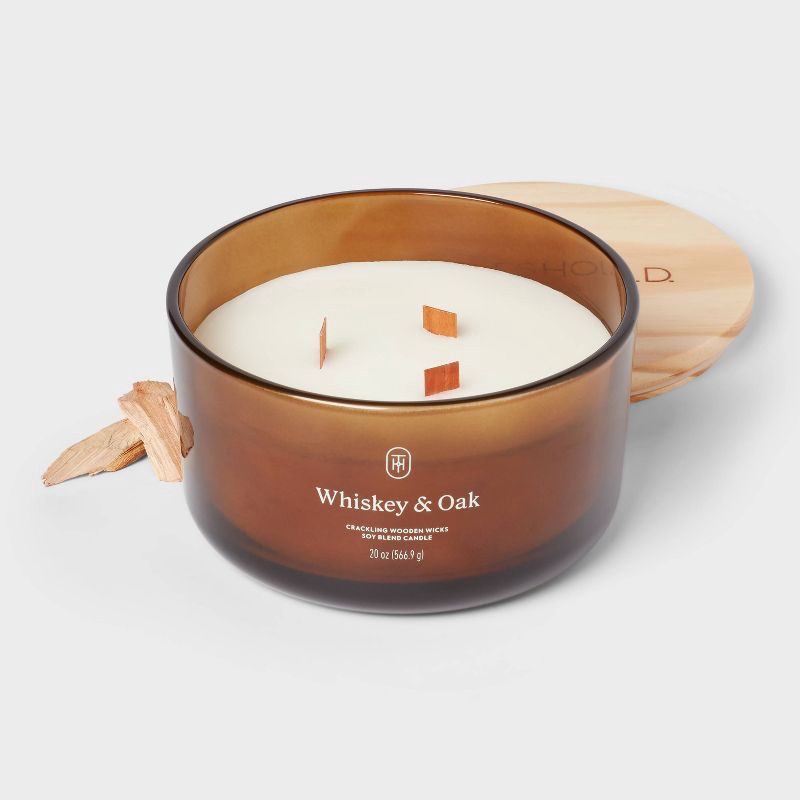 slide 3 of 3, 3-Wick Amber Glass Wooden Wick Whiskey and Oak Jar Candle 20 oz -Threshold™, 20 oz