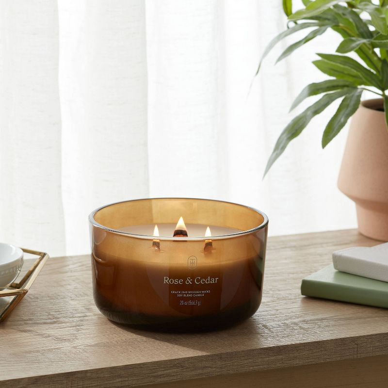 slide 2 of 3, 3-Wick Amber Glass Wooden Wick Rose and Cedar Jar Candle 20oz - Threshold™, 20 oz