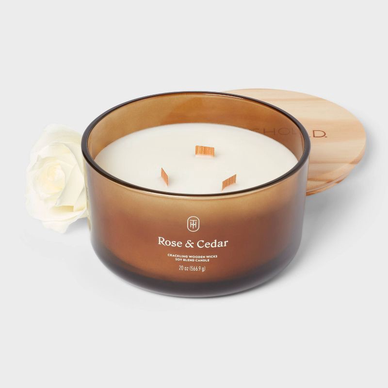 slide 3 of 3, 3-Wick Amber Glass Wooden Wick Rose and Cedar Jar Candle 20oz - Threshold™, 20 oz
