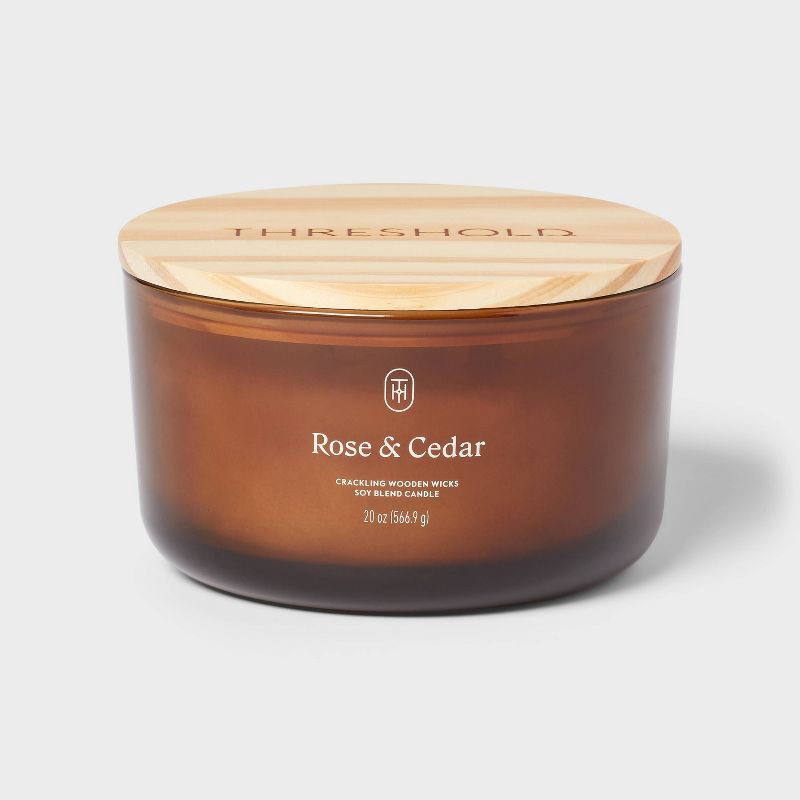 slide 1 of 3, 3-Wick Amber Glass Wooden Wick Rose and Cedar Jar Candle 20oz - Threshold™, 20 oz
