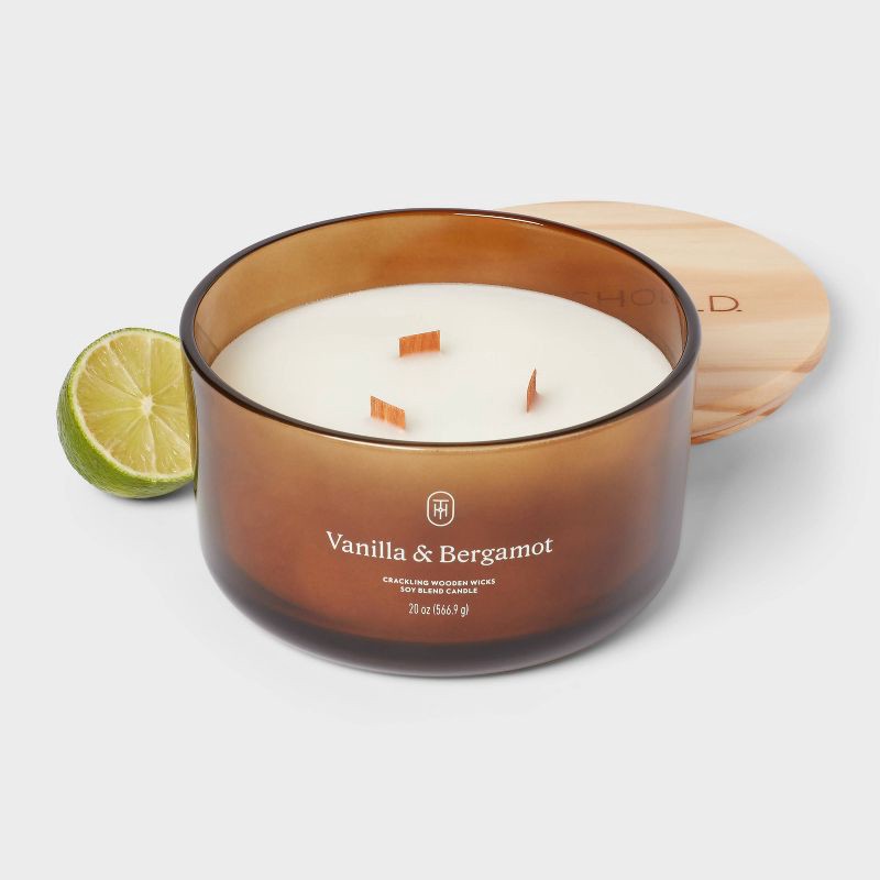 slide 3 of 3, 3-Wick Amber Glass Wooden Wick Vanilla and Bergamot Jar Candle 20oz - Threshold™, 20 oz