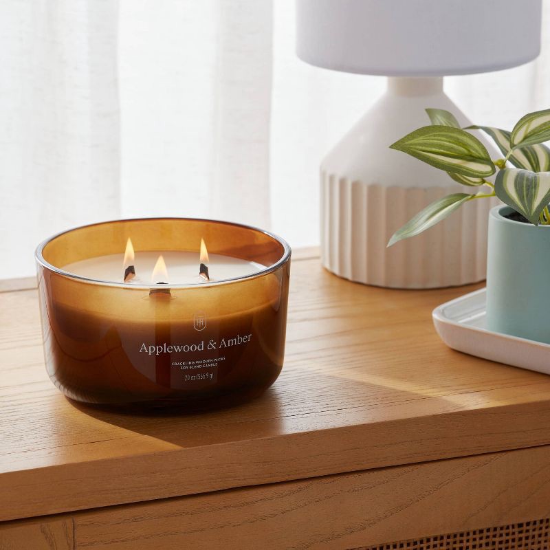 slide 2 of 3, 3-Wick Amber Glass Wooden Wick Applewood and Amber Jar Candle 20oz - Threshold™, 20 oz