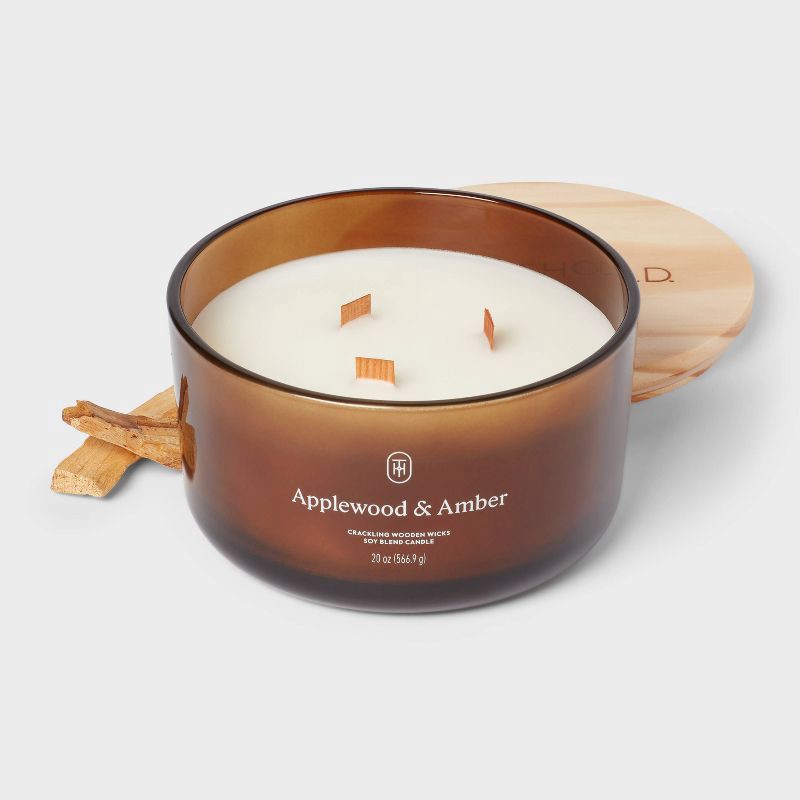 slide 3 of 3, 3-Wick Amber Glass Wooden Wick Applewood and Amber Jar Candle 20oz - Threshold™, 20 oz