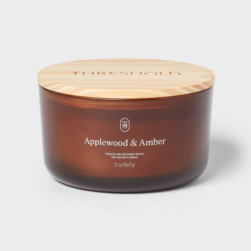 slide 1 of 3, 3-Wick Amber Glass Wooden Wick Applewood and Amber Jar Candle 20oz - Threshold™, 20 oz