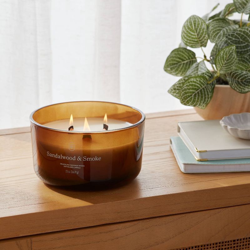 slide 2 of 3, 3-Wick Amber Glass Wooden Wick Sandalwood and Smoke Jar Candle 20oz - Threshold™, 20 oz
