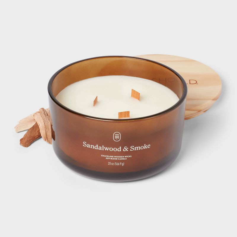 slide 3 of 3, 3-Wick Amber Glass Wooden Wick Sandalwood and Smoke Jar Candle 20oz - Threshold™, 20 oz