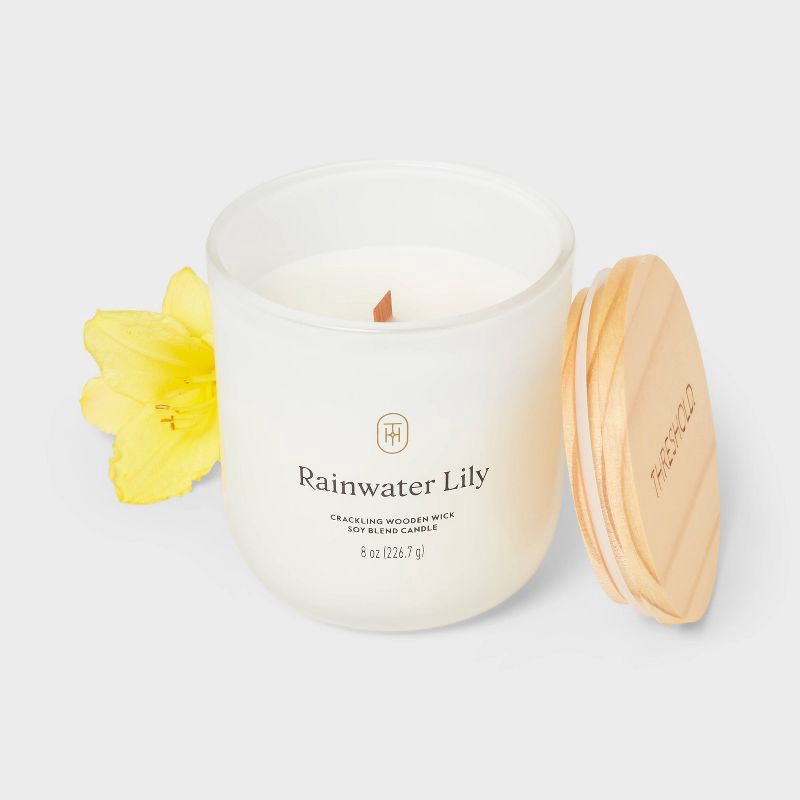 slide 3 of 3, Milky Glass Wooden Wick Rainwater Lily Jar Candle 8oz - Threshold™, 8 oz
