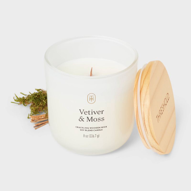 slide 3 of 3, Milky Glass Wooden Wick Vetiver and Moss Jar Candle 8oz - Threshold™, 8 oz