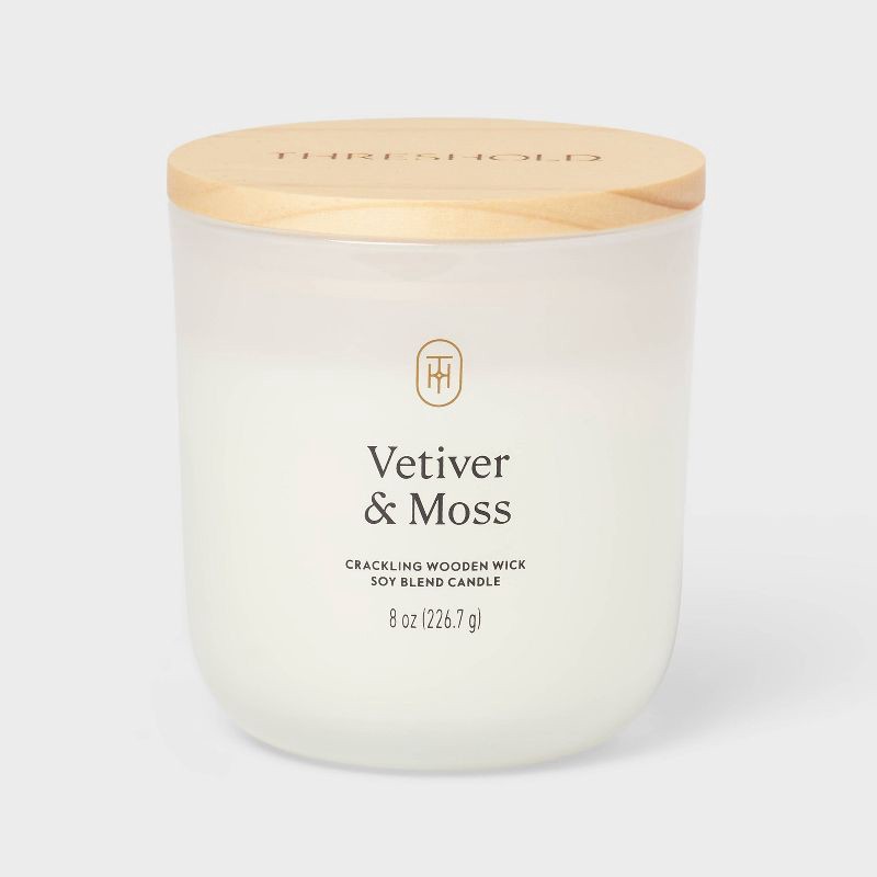 slide 1 of 3, Milky Glass Wooden Wick Vetiver and Moss Jar Candle 8oz - Threshold™, 8 oz