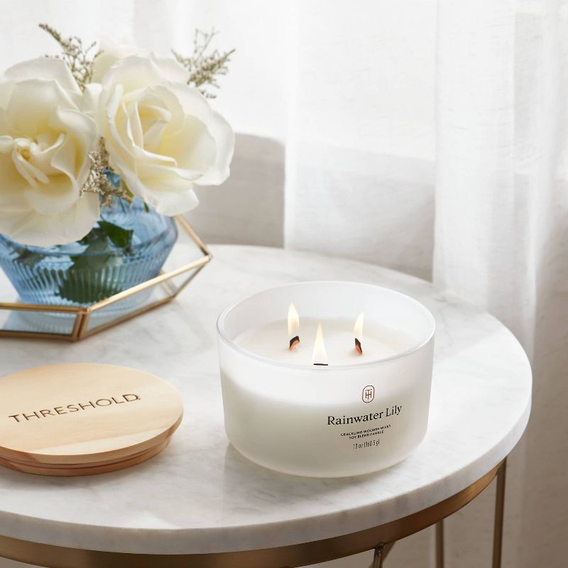 slide 2 of 3, 3-Wick Milky Glass Wooden Wick Rainwater Lily Jar Candle 13oz - Threshold™, 13 oz