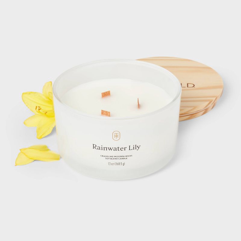 slide 3 of 3, 3-Wick Milky Glass Wooden Wick Rainwater Lily Jar Candle 13oz - Threshold™, 13 oz