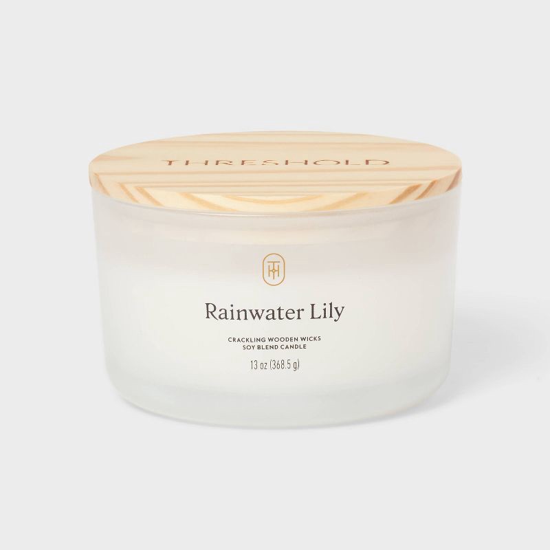 slide 1 of 3, 3-Wick Milky Glass Wooden Wick Rainwater Lily Jar Candle 13oz - Threshold™, 13 oz
