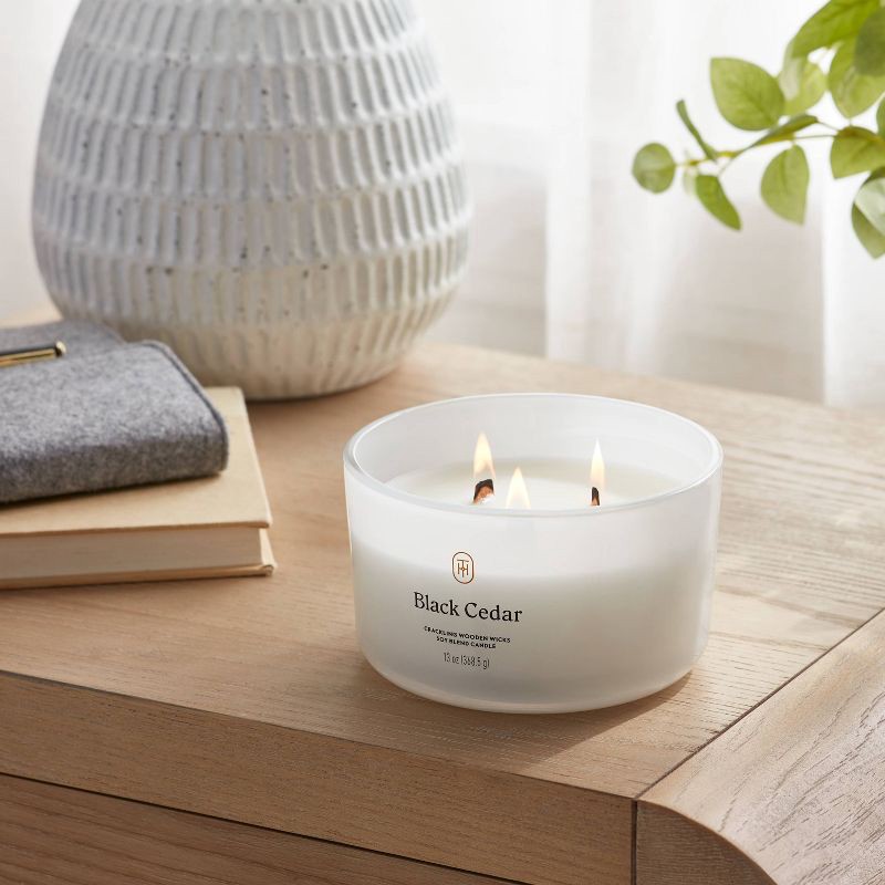 slide 2 of 3, 3-Wick Milky Glass Wooden Wick Black Cedar Jar Candle 13oz - Threshold™, 13 oz