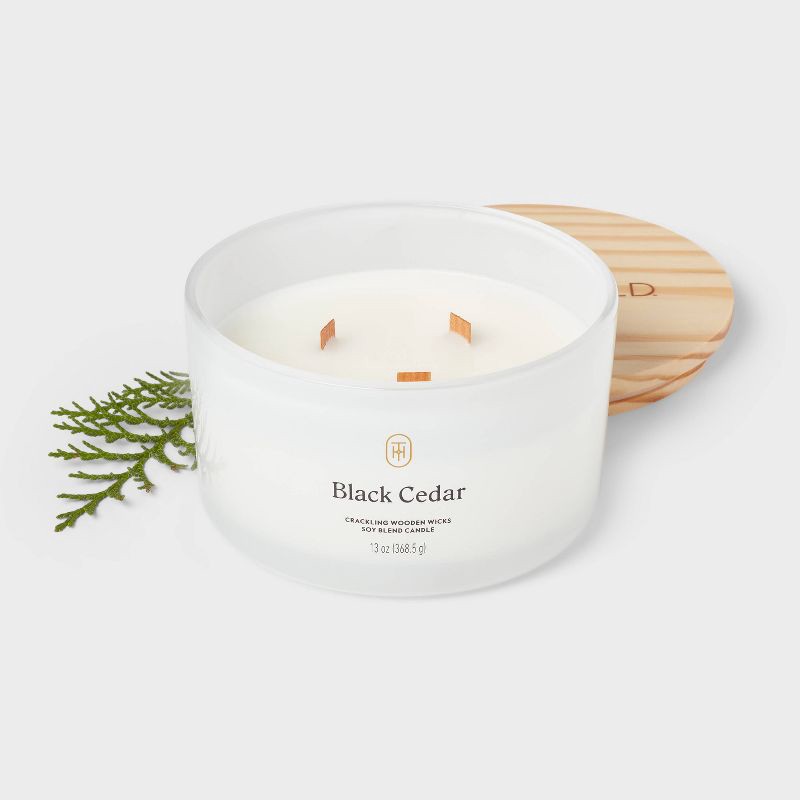slide 3 of 3, 3-Wick Milky Glass Wooden Wick Black Cedar Jar Candle 13oz - Threshold™, 13 oz