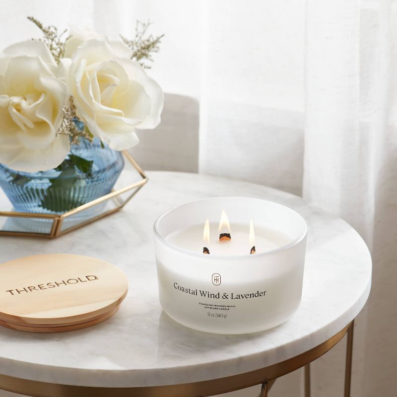 slide 2 of 3, 3-Wick Milky Glass Wooden Wick Coastal Wind and Lavender Jar Candle 13oz - Threshold™, 13 oz