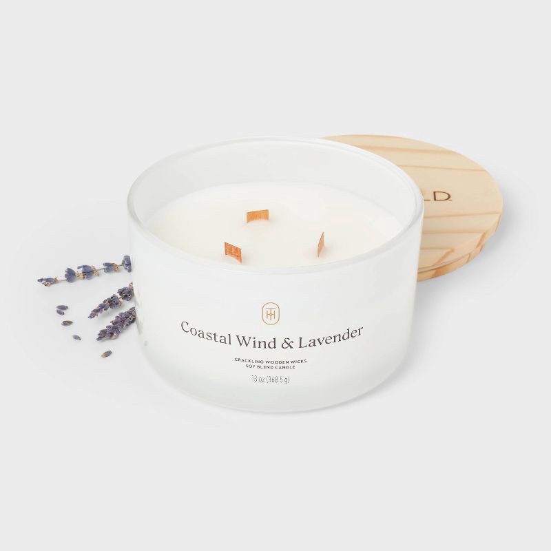 slide 3 of 3, 3-Wick Milky Glass Wooden Wick Coastal Wind and Lavender Jar Candle 13oz - Threshold™, 13 oz
