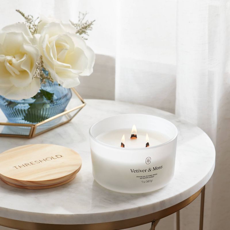 slide 2 of 3, 3-Wick Milky Glass Wooden Wick Vetiver and Moss Jar Candle 13oz - Threshold™, 13 oz